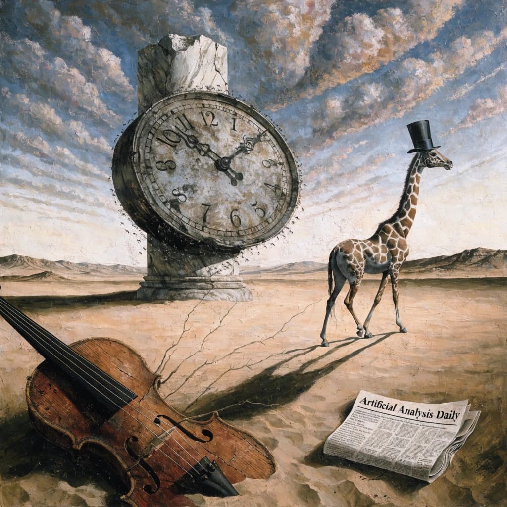 A vast desert plain stretches endlessly under a sky streaked with pale pink and ochre clouds. In the center stands a colossal clock, its face drooping and melting over the edge of a broken marble column. Ants swarm across its warped surface, glinting in the harsh sunlight. To the right, a horse with a giraffe like neck wearing a top hat strides toward the horizon, its shadow stretching miles across the sand. A cracked violin lies half-buried in the foreground, strings snapping outward like veins. Painted in the dreamlike surrealist style. A newspaper named the "Artificial Analysis Daily" lies on the Floor.