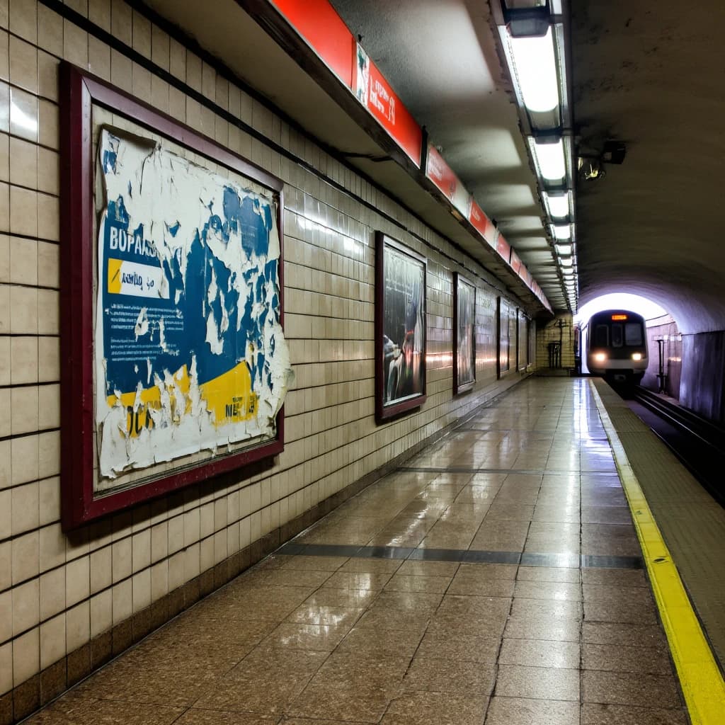 A subterranean subway platform with glossy tiles, peeling posters, flickering fluorescent lights, yellow safety line, and a distant train coming; slightly damp, echoes carry.