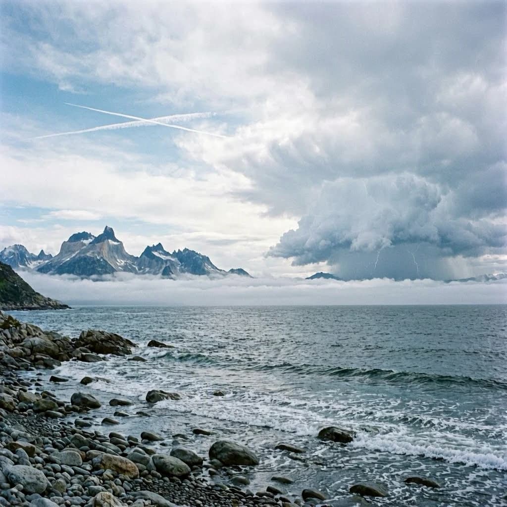 A stunning mountain vista pokes through the cloud top. Contrails from a distant airplane linger in the air. In the foreground there is a stony beach with foamy seas. A thunder storm is visibile in the distant right.