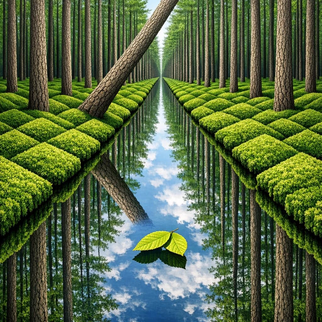 The forest is saturated green, trees identical in height and width, trunks straight, bark texture repeating. One trunk leans diagonally yet the branches remain vertical. The moss is emerald, glistening, though each patch forms identical diamond shapes. A stream runs straight, perfectly linear, water clear, reflecting clouds not visible in the sky. No animals, no insects, but one leaf floats on the water, doubled, showing two overlapping shadows.