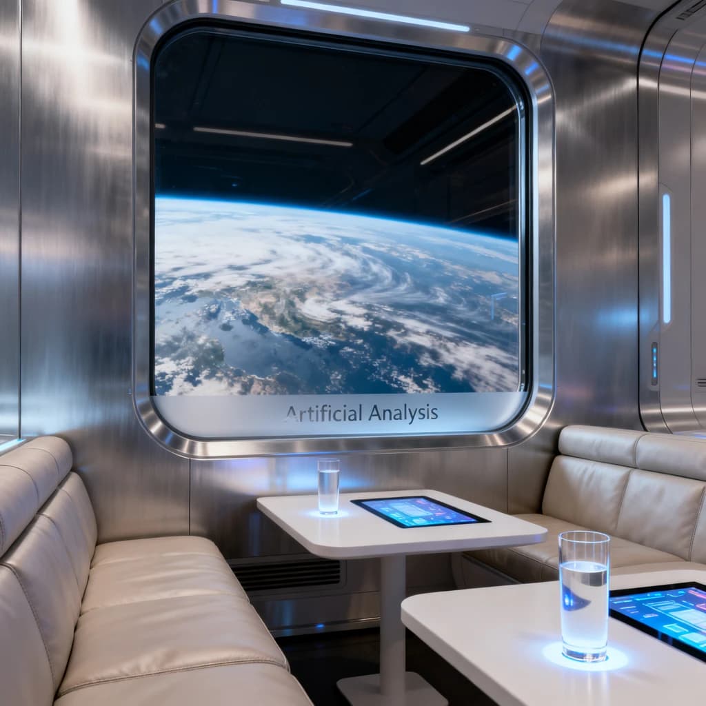 The orbital lounge has brushed aluminum walls and pale leather banquettes. Low white tables are inset with glowing touchscreens. Drinks are clear, flavorless, in tall unmarked glasses. The viewport is floor-to-ceiling, showing Earth moving slowly beneath. The word Artificial Analysis is etched discreetly on the glass in a frosted band.