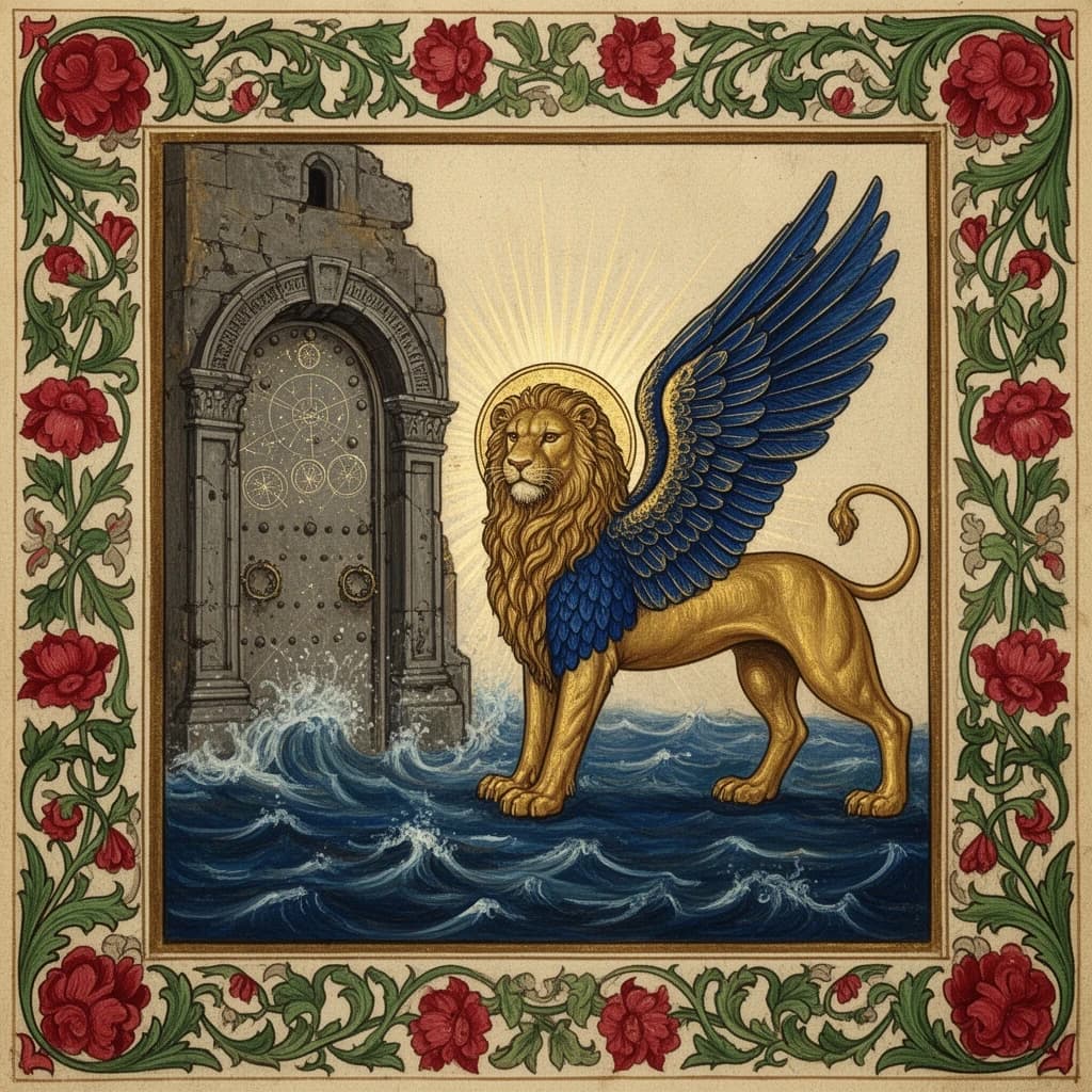 Paint an illuminated manuscript scene of a winged lion guarding a sea gate.