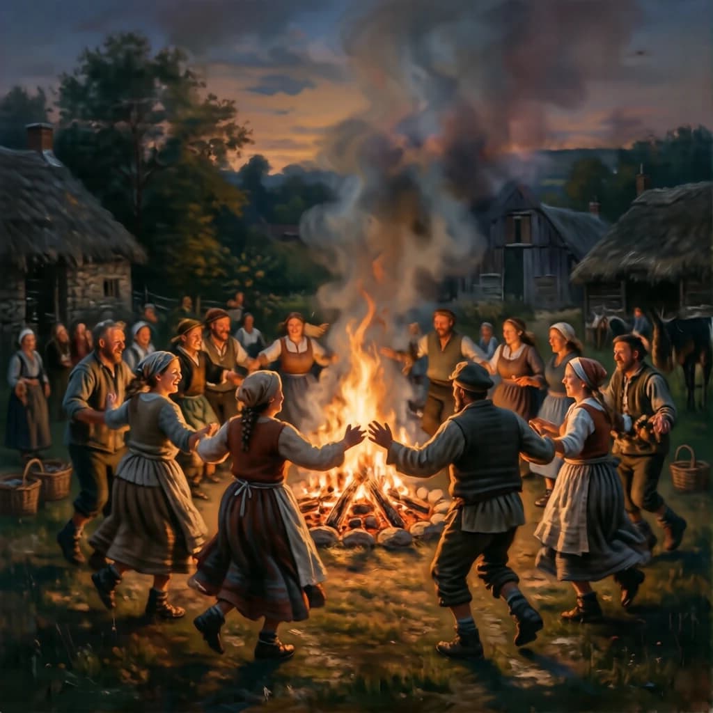 Make an oil painting of villagers dancing by a bonfire at dusk, a bit smoky.