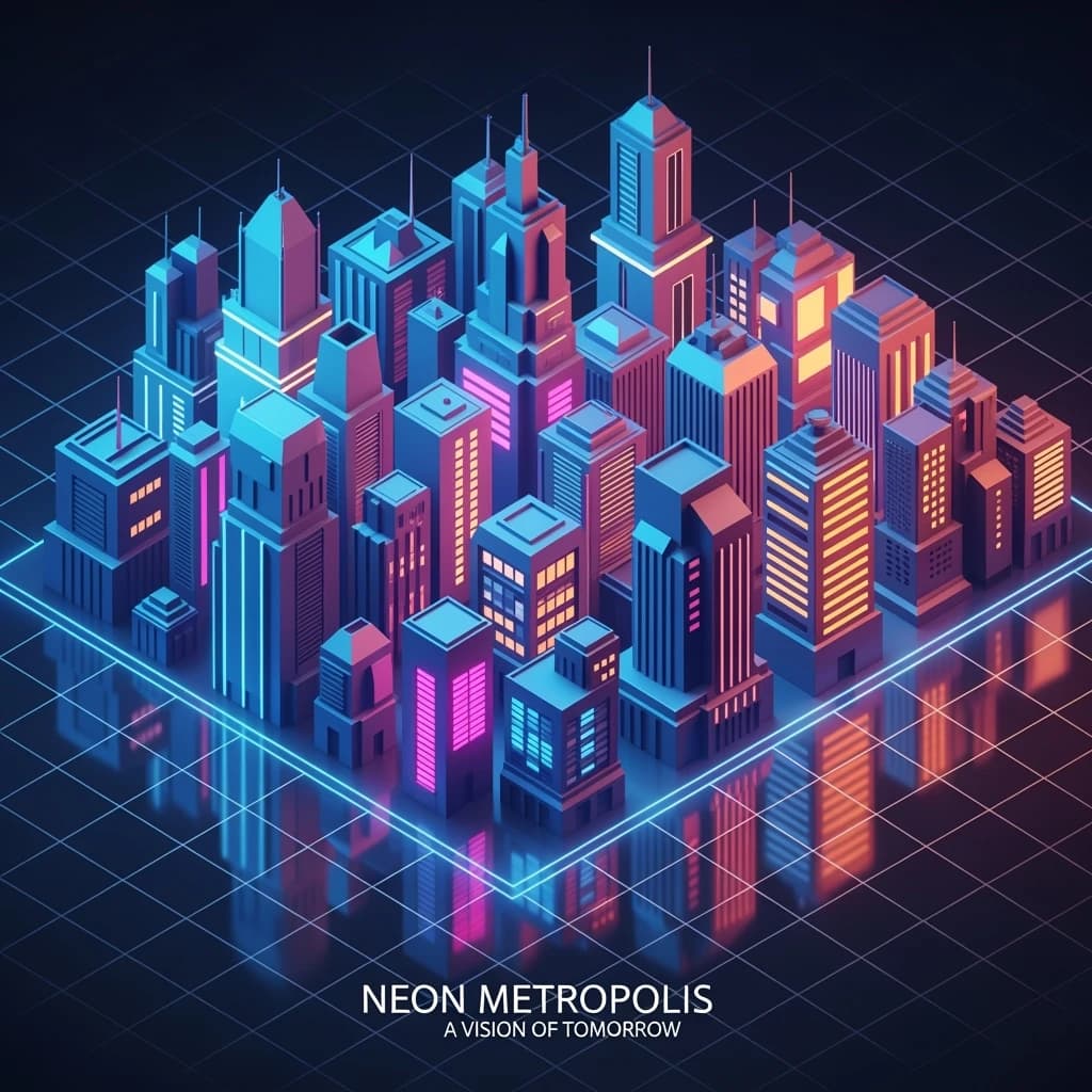 Render an isometric city poster with geometric buildings, neon gradients, gloss highlights, soft AO shadows, clean sans-serif lettering, grid layout, reflections a bit overexposed.
