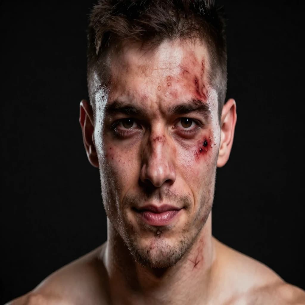 Paint a bruised boxer smiling, serious expression.