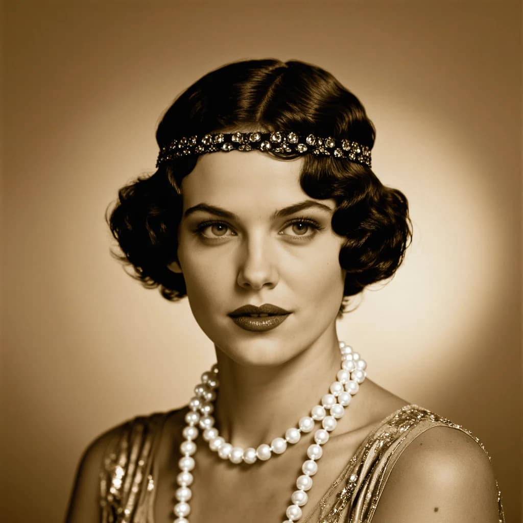 Sepia-toned studio portrait of a flapper with pearl necklace, soft grain.