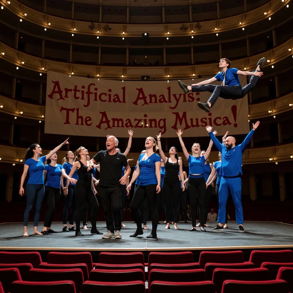 The musical troupe do a rehearsal in a large, empty theatre. 9 people are on the stage, half wear black and the others wear blue. The skinny bald director, seated in the second row, is practically leaping out of their seat with excitement as the leads nail their aerial. A giant banner reading "Artificial Analysis: The Amazing Musical!" is behind the actors.