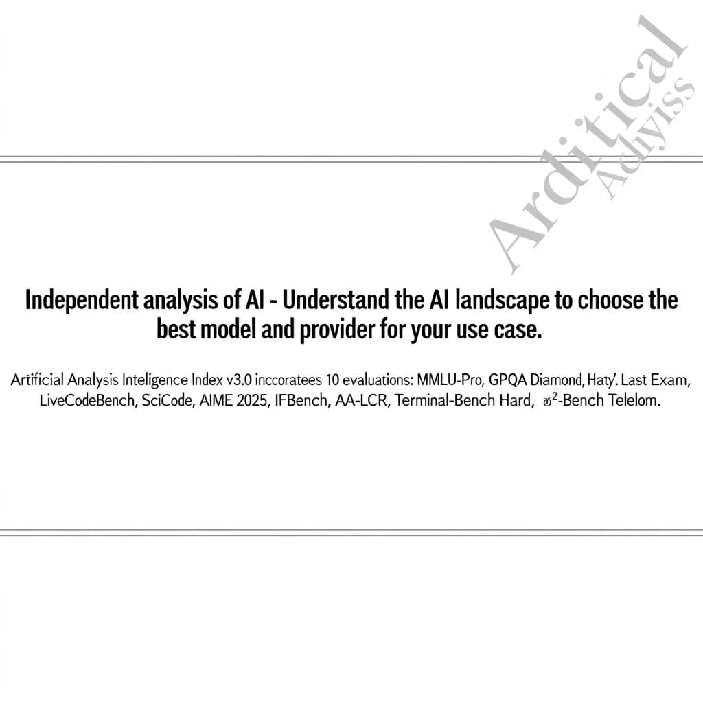 On a white dashboard with thin gray dividers, place a centered header in Helvetica Neue Bold, 20pt: “Independent analysis of AI - Understand the AI landscape to choose the best model and provider for your use case.” Directly beneath, a subheader in smaller Regular weight, 14pt: “Artificial Analysis Intelligence Index v3.0 incorporates 10 evaluations: MMLU-Pro, GPQA Diamond, Humanity's Last Exam, LiveCodeBench, SciCode, AIME 2025, IFBench, AA-LCR, Terminal-Bench Hard, 𝜏²-Bench Telecom.” The header is fully justified but the subheader is left-aligned. In the upper right corner, the Artificial Analysis logo appears watermarked, diagonal, faint gray, partially overlapping the scrollbar.