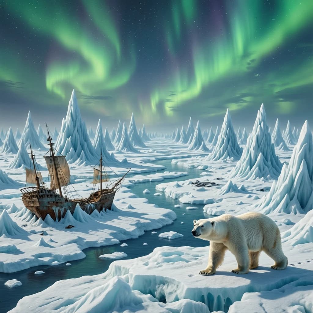 An endless tundra stretches outward, littered with jagged icebergs shaped like cathedral spires. A polar bear trudges across the foreground but leaves no tracks. Auroras ripple overhead. A half-buried shipwreck juts from the snow — sails billowing despite the still air.