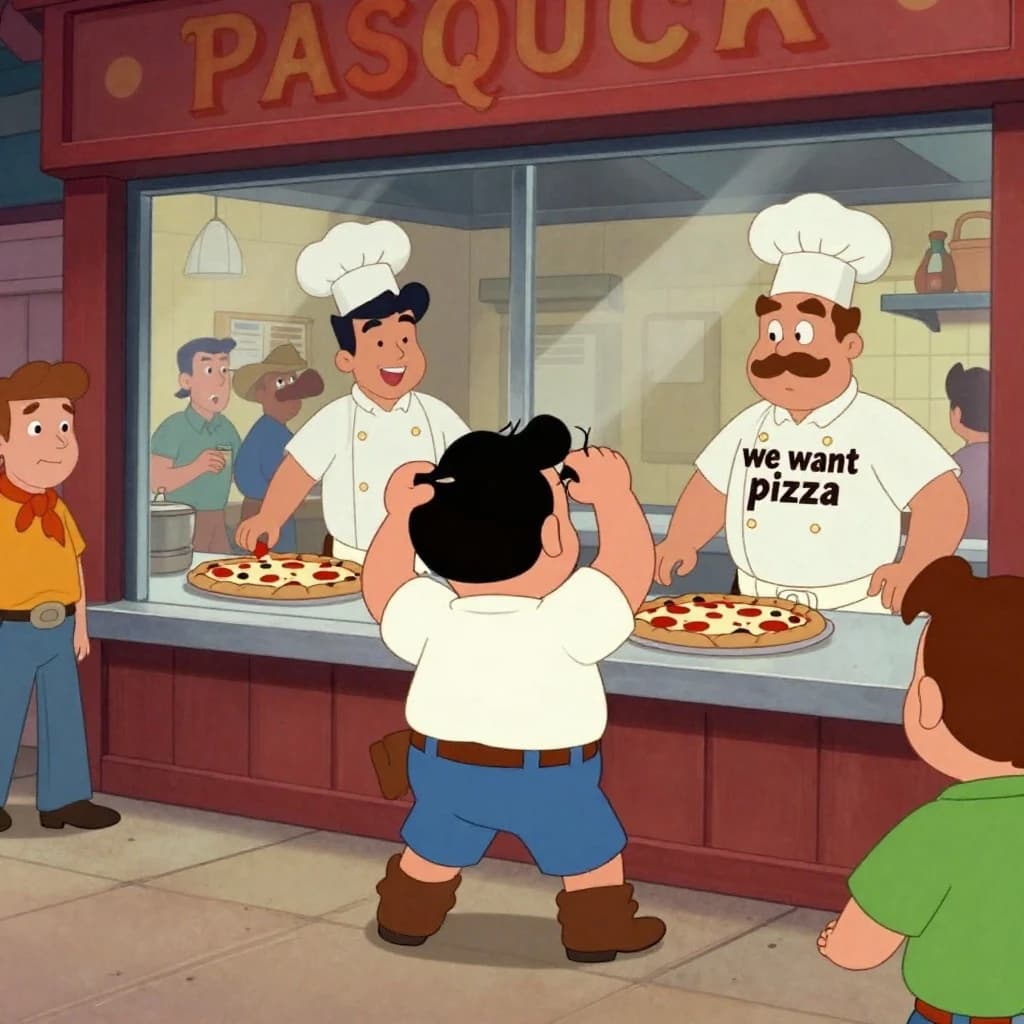 Pasquale is pulling his few remaining hairs out over a disaster at the pizzeria - the cooks are working as fast as they can but the crowds outside are swelling and they demand hot hot pizza! They are banging on the glass and some are wearing "we want pizza" shirts. 1980s western TV animation style.