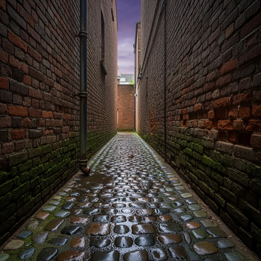 Show a narrow brick alley with wet cobblestones.