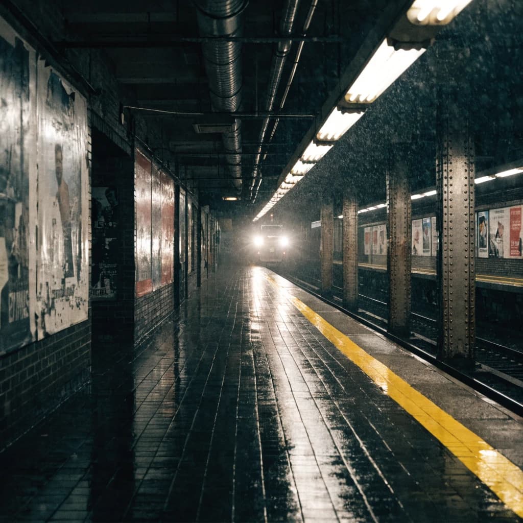 A subterranean subway platform with glossy tiles, peeling posters, flickering fluorescent lights, yellow safety line, and a distant train coming; slightly damp, echoes carry.