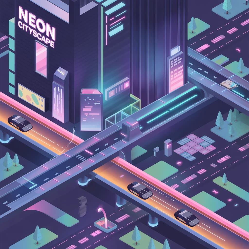 Design an isometric neon city with hovering taxis, clean lines, soft glow.