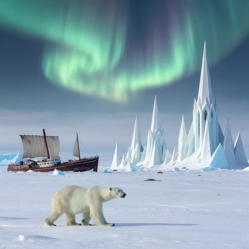An endless tundra stretches outward, littered with jagged icebergs shaped like cathedral spires. A polar bear trudges across the foreground but leaves no tracks. Auroras ripple overhead. A half-buried shipwreck juts from the snow — sails billowing despite the still air.