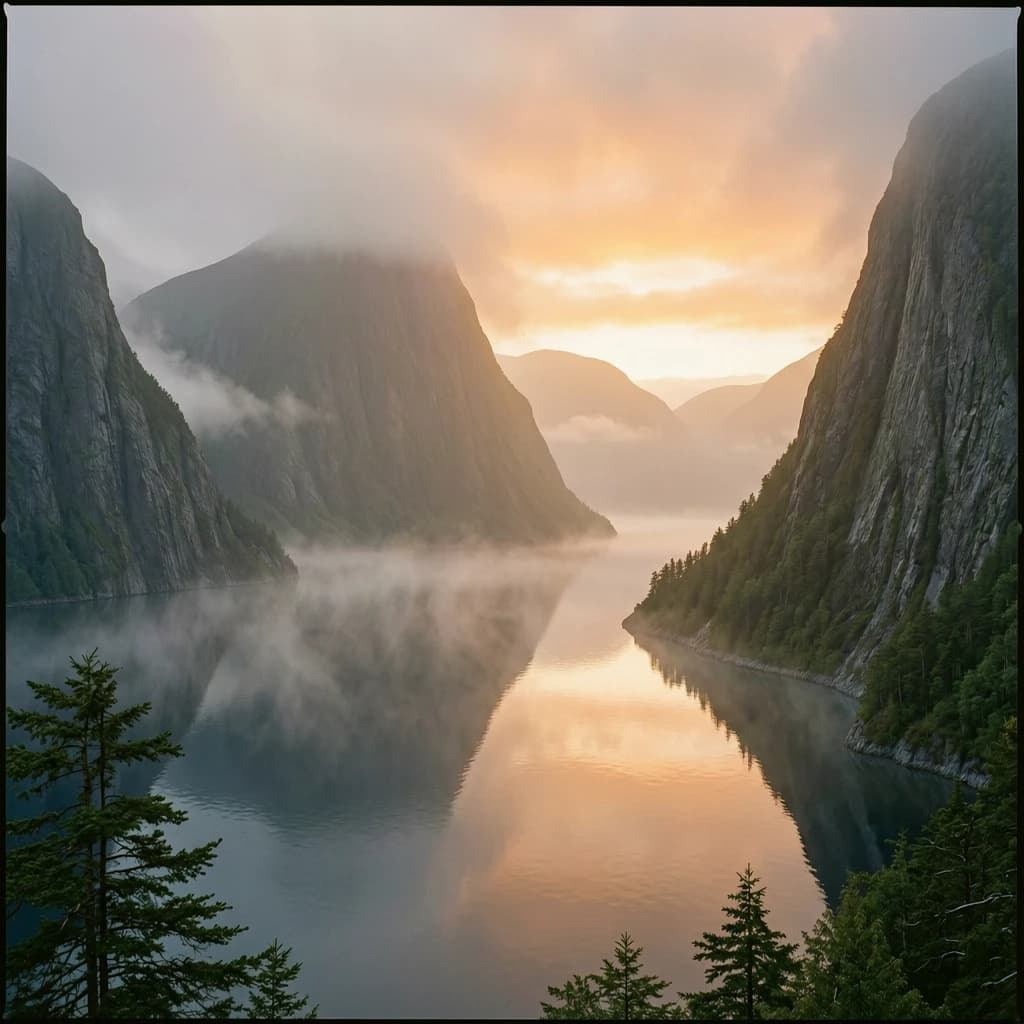 Frame a foggy fjord at sunrise, cliffs looming.
