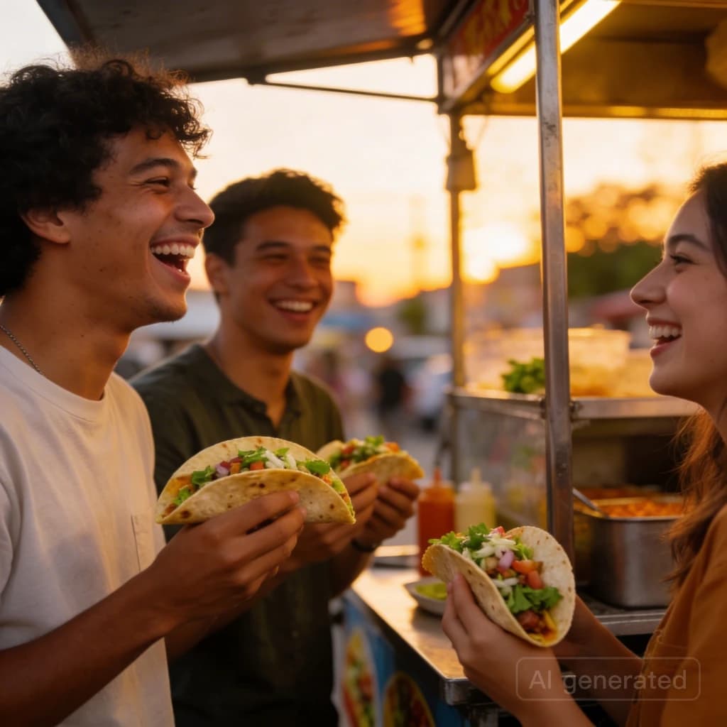 Friends laugh over street tacos at dusk, candid, shallow depth.