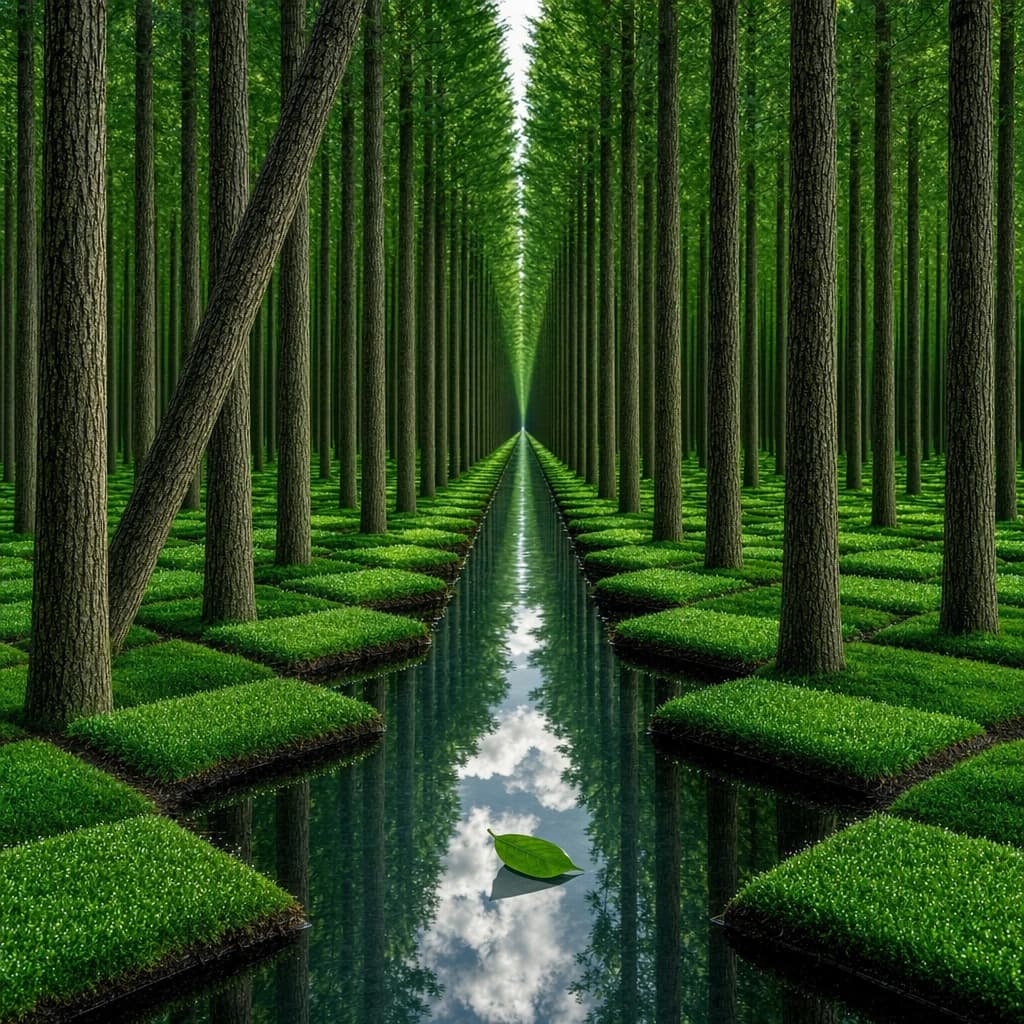The forest is saturated green, trees identical in height and width, trunks straight, bark texture repeating. One trunk leans diagonally yet the branches remain vertical. The moss is emerald, glistening, though each patch forms identical diamond shapes. A stream runs straight, perfectly linear, water clear, reflecting clouds not visible in the sky. No animals, no insects, but one leaf floats on the water, doubled, showing two overlapping shadows.