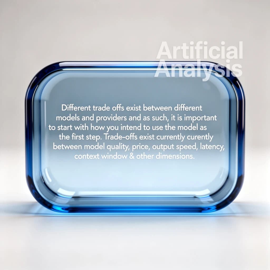 In a clear transparent blue glassy rounded box, etch "Different trade offs exist between different models and providers and as such, it is important to start with how you intend to use the model as the first step. Trade-offs exist currently between model quality, price, output speed, latency, context window & other dimensions. " in sans serif medium weight text. Artificial Analysis is watermarked over the top right 