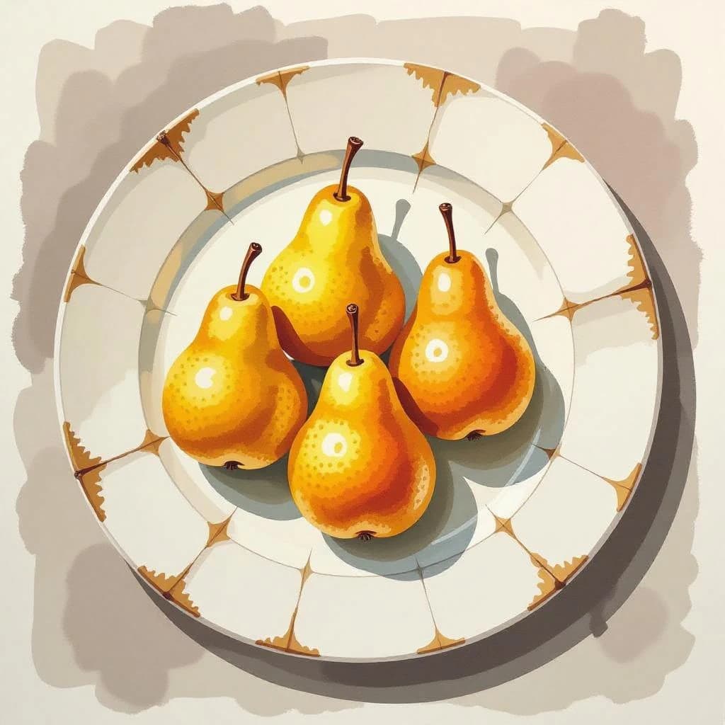 A gouache still life of pears on a chipped plate.