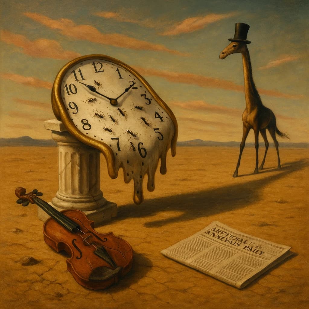 A vast desert plain stretches endlessly under a sky streaked with pale pink and ochre clouds. In the center stands a colossal clock, its face drooping and melting over the edge of a broken marble column. Ants swarm across its warped surface, glinting in the harsh sunlight. To the right, a horse with a giraffe like neck wearing a top hat strides toward the horizon, its shadow stretching miles across the sand. A cracked violin lies half-buried in the foreground, strings snapping outward like veins. Painted in the dreamlike surrealist style. A newspaper named the "Artificial Analysis Daily" lies on the Floor.