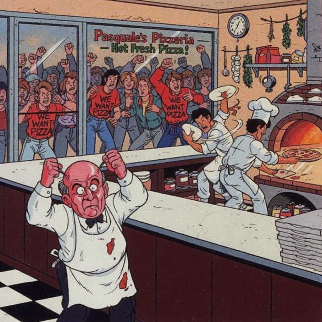 Pasquale is pulling his few remaining hairs out over a disaster at the pizzeria - the cooks are working as fast as they can but the crowds outside are swelling and they demand hot hot pizza! They are banging on the glass and some are wearing "we want pizza" shirts. 1980s western TV animation style.