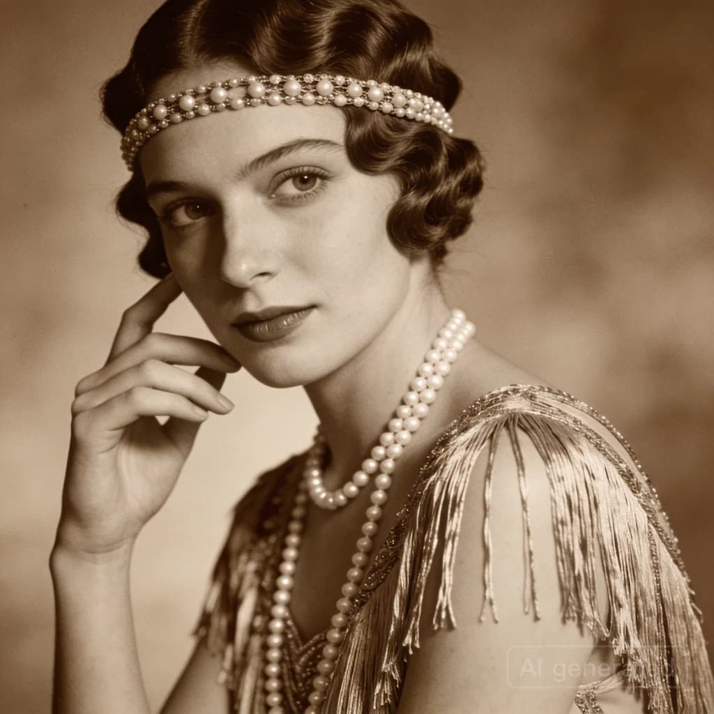 Sepia-toned studio portrait of a flapper with pearl necklace, soft grain.