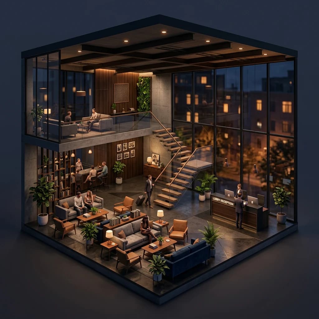 Isometric 3D lobby, glass walls, warm lights, slightly moody, soft shadows.