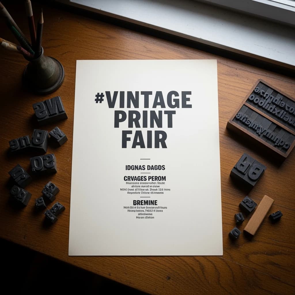 A vintage letterpress poster on a wooden desk: bold slab serif headline, tight kerning, misregistered ink, slightly worn edges, scattered metal type, soft window light.