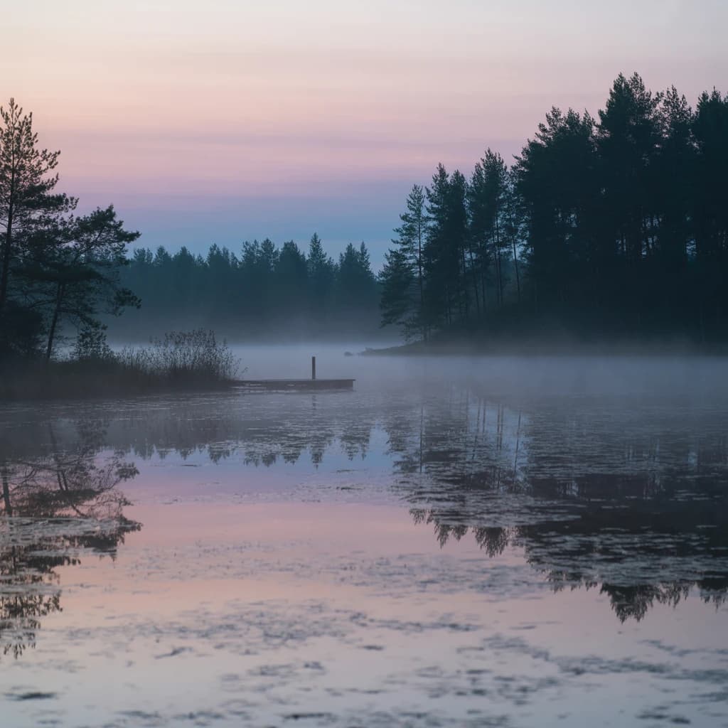 Give me a faded postcard of a misty pine lake at dawn, light leaks, film grain.
