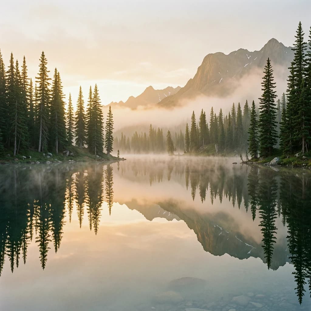 I want a photo of a misty alpine lake at dawn, pines, glassy water, warm light.