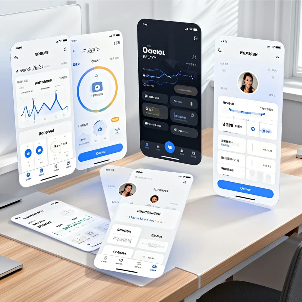 Sleek mobile fitness app screens on a desk: dark mode home, progress dashboard, simple onboarding, clear 8 pt grid, slightly oversized buttons for thumb reach, muted colors.