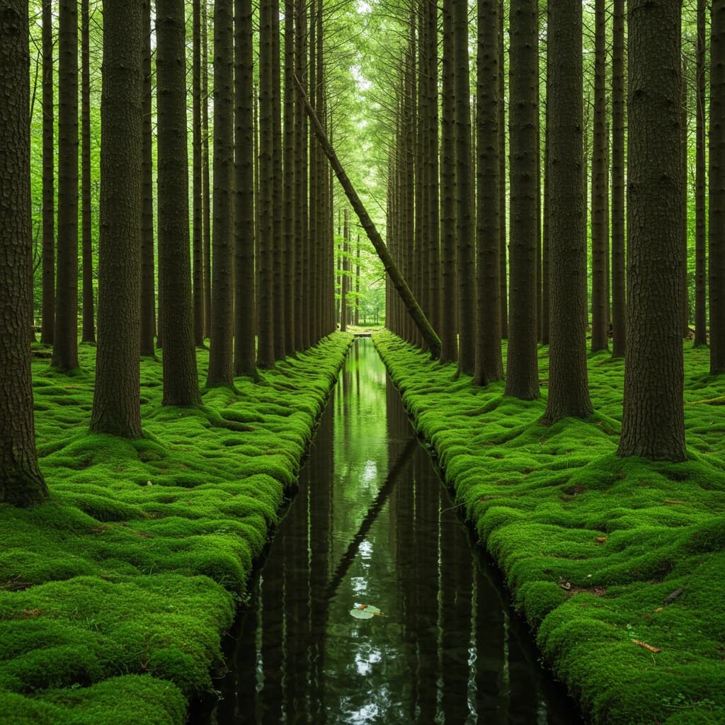 The forest is saturated green, trees identical in height and width, trunks straight, bark texture repeating. One trunk leans diagonally yet the branches remain vertical. The moss is emerald, glistening, though each patch forms identical diamond shapes. A stream runs straight, perfectly linear, water clear, reflecting clouds not visible in the sky. No animals, no insects, but one leaf floats on the water, doubled, showing two overlapping shadows.