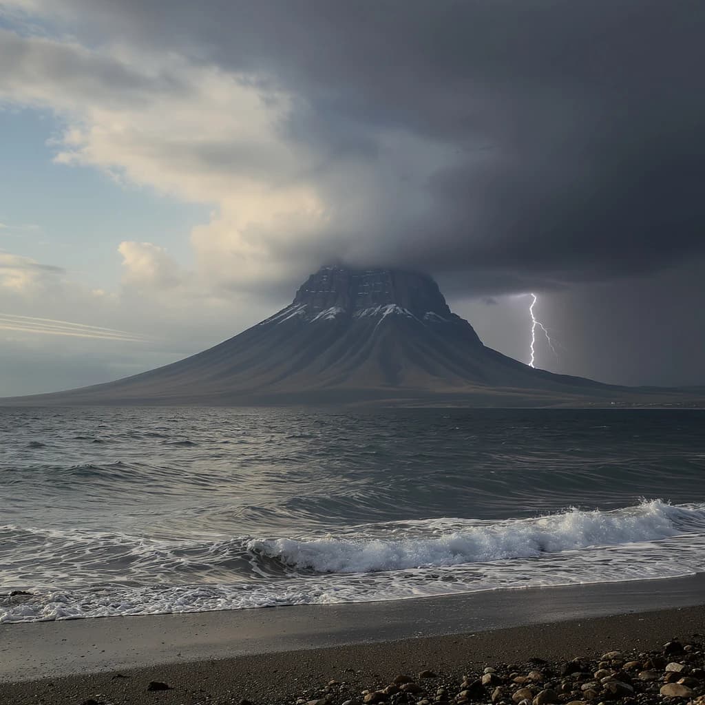 A stunning mountain vista pokes through the cloud top. Contrails from a distant airplane linger in the air. In the foreground there is a stony beach with foamy seas. A thunder storm is visibile in the distant right.