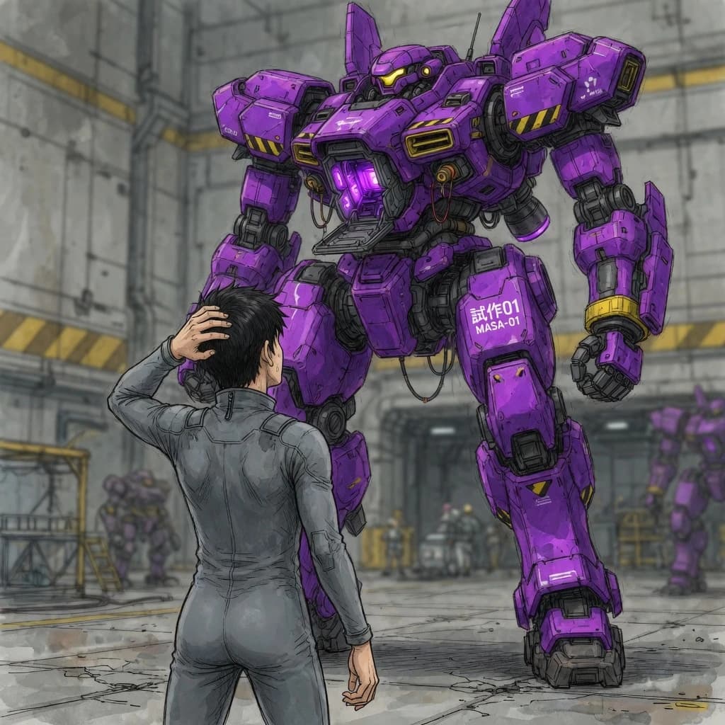 Clad in his body suit up to the neck, young Masa nervously approaches the towering mech with his back facing us. He is nervous for his first time in the field. The mech's bright purple colour scheme contrasts with the grey body suit. The scale of the mech dwarfs Masa. Hand drawn style