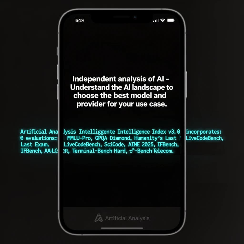On a black smartphone UI with rounded corners, display a centered text block in white San Francisco font, 16pt: “Independent analysis of AI - Understand the AI landscape to choose the best model and provider for your use case.” Below, in neon cyan, monospace font, smaller size: “Artificial Analysis Intelligence Index v3.0 incorporates 10 evaluations: MMLU-Pro, GPQA Diamond, Humanity's Last Exam, LiveCodeBench, SciCode, AIME 2025, IFBench, AA-LCR, Terminal-Bench Hard, 𝜏²-Bench Telecom.” The second block scrolls horizontally as a ticker. The battery icon in the status bar shows 54%. The Artificial Analysis logo appears faintly, embossed into the bottom navigation bar.