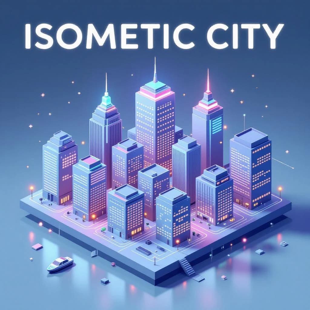 Render an isometric city poster with geometric buildings, neon gradients, gloss highlights, soft AO shadows, clean sans-serif lettering, grid layout, reflections a bit overexposed.