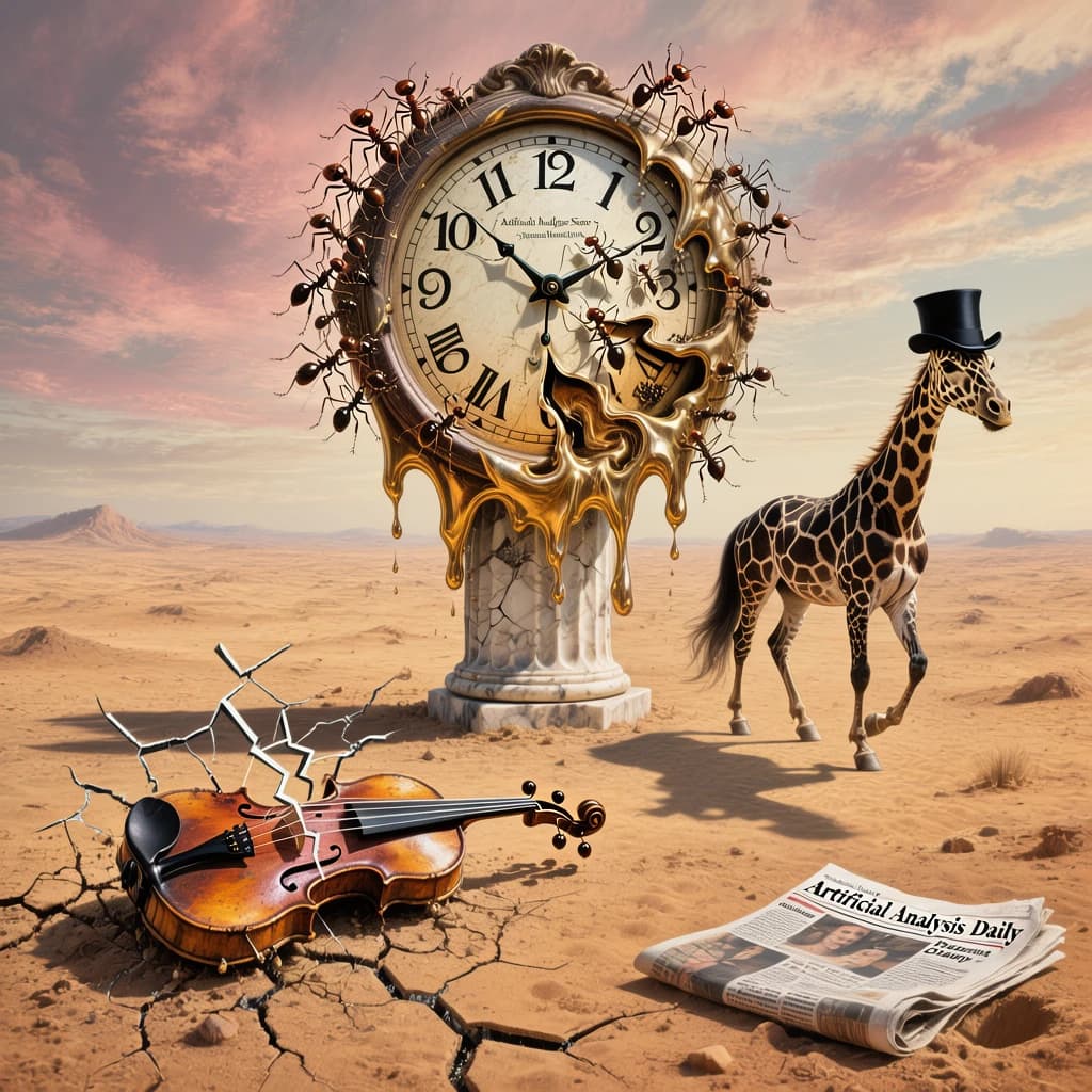 A vast desert plain stretches endlessly under a sky streaked with pale pink and ochre clouds. In the center stands a colossal clock, its face drooping and melting over the edge of a broken marble column. Ants swarm across its warped surface, glinting in the harsh sunlight. To the right, a horse with a giraffe like neck wearing a top hat strides toward the horizon, its shadow stretching miles across the sand. A cracked violin lies half-buried in the foreground, strings snapping outward like veins. Painted in the dreamlike surrealist style. A newspaper named the "Artificial Analysis Daily" lies on the Floor.