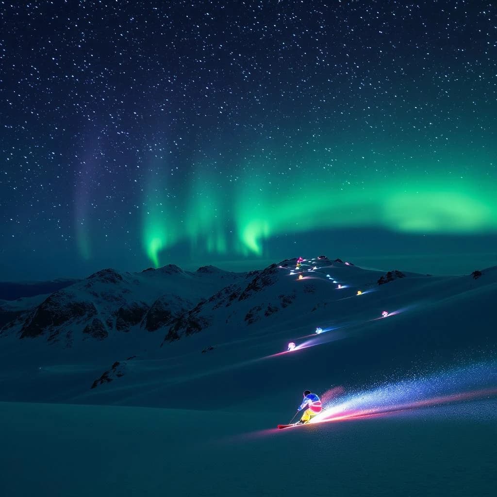 Coronet Peak Night Skiing: Skiers in colorful LED suits carve their way down the slopes of New Zealand's Coronet Peak under the Aurora Borealis, the skiers' light trails visible behind them