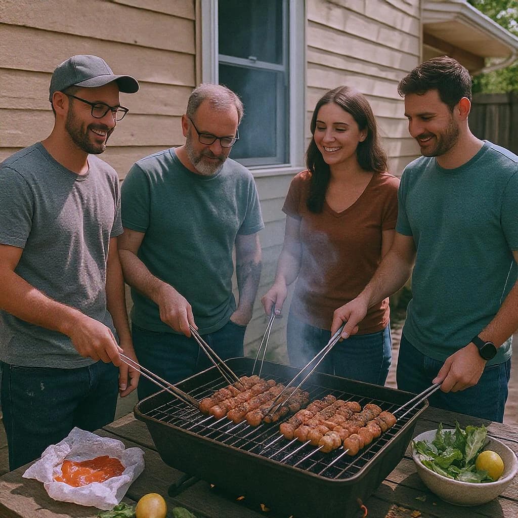 Friends grill skewers on a slightly messy patio.