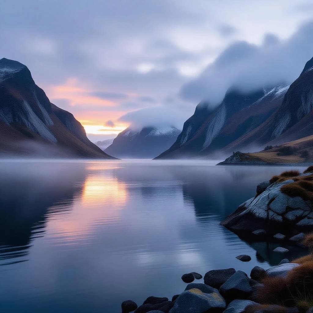 Frame a foggy fjord at sunrise, cliffs looming.