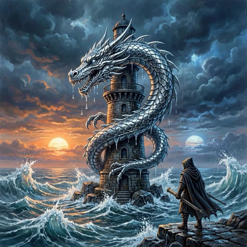 A dragon of molten silver coils around a lighthouse. The storming sea below crashes upward in frozen stillness, as though caught mid-motion. The dragon’s molten eyes drip tears of ice. On the horizon, two suns set next to each other, casting orange light on one side of the tower and blue on the other. A cloaked traveler carries an ancient weapon in his left hand and a scroll in his right.