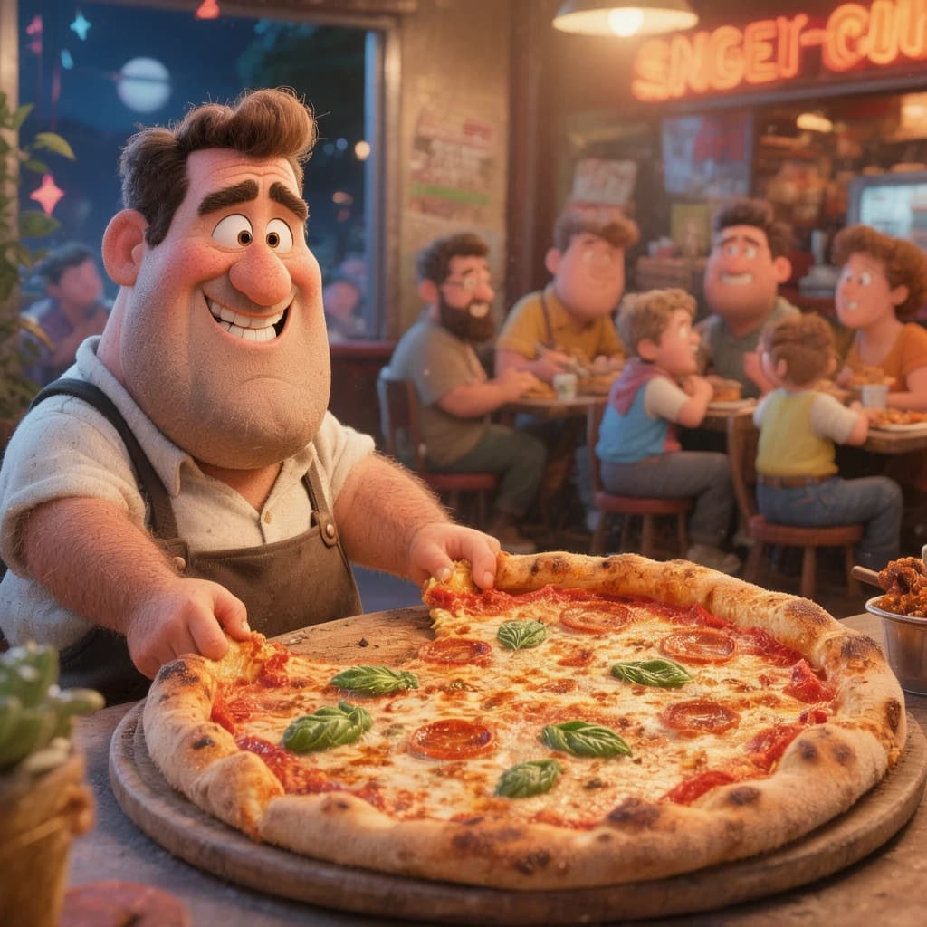 Pasquale is pulling his few remaining hairs out over a disaster at the pizzeria - the cooks are working as fast as they can but the crowds outside are swelling and they demand hot hot pizza! They are banging on the glass and some are wearing "we want pizza" shirts. 1980s western TV animation style.