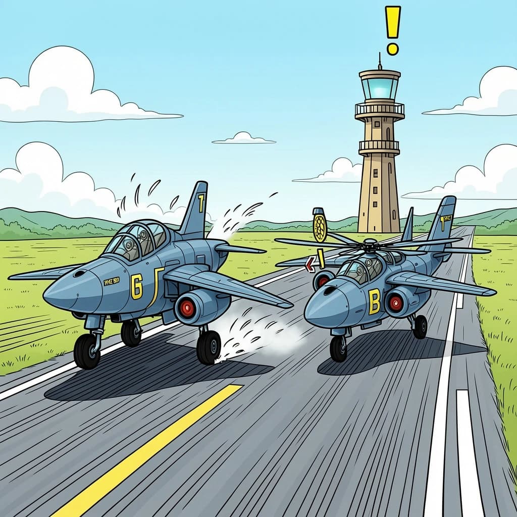 Almost at the runway, Fred the Fighter Jet is racing with Barry the Bomber to see who lands first. Fred has a mischievous trick up his sleeve but Hermione the Helicopter is going to stop him before he gets the chance. The control tower is very angry and has a big exclamation mark. Hand drawn cel look