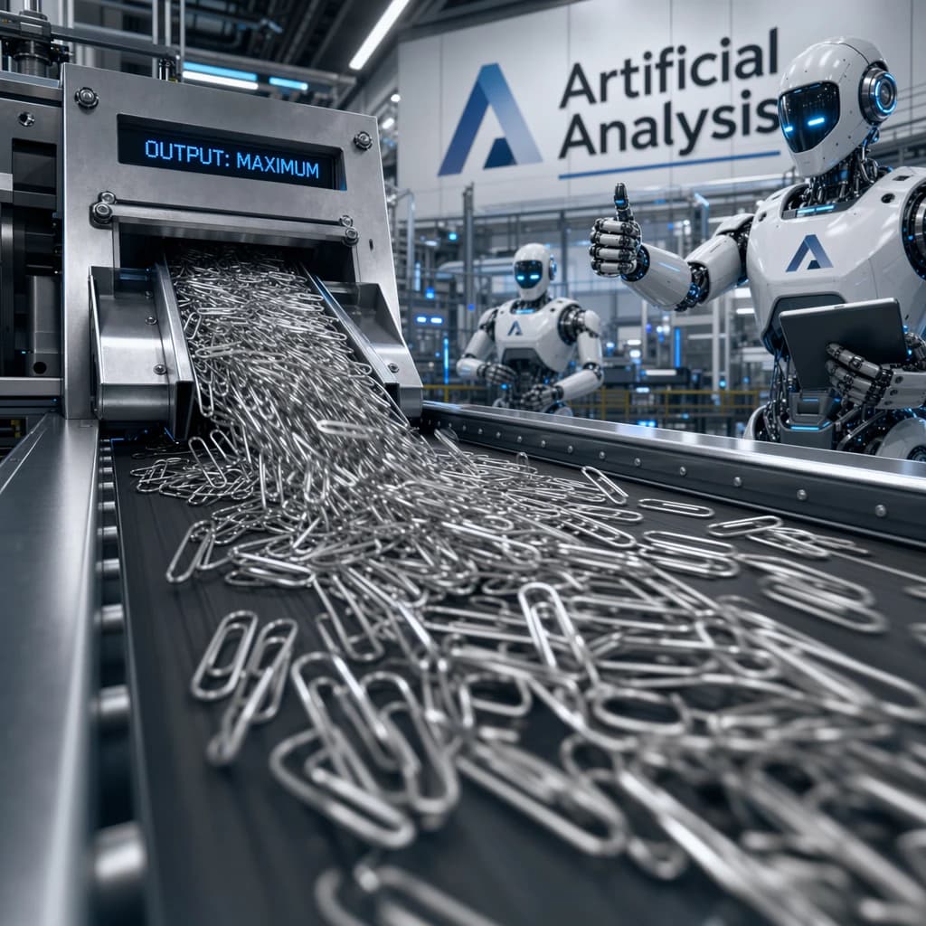 Close up point of view perspective on a conveyor belt pumping out paperclips at a maddening pace. The high tech factory has Artificial Analysis printed proudly on the wall. Robot staff look approvingly over the robust output.