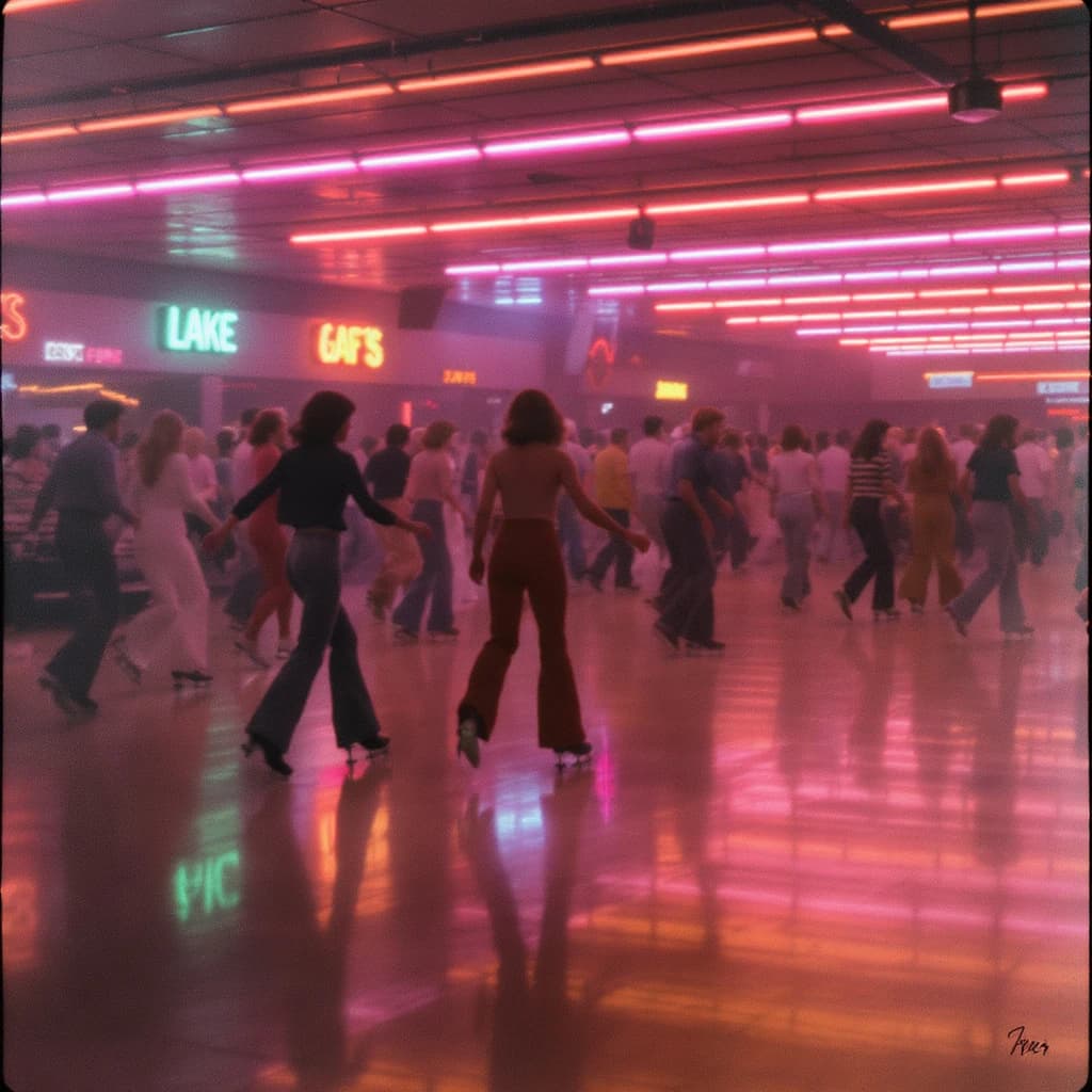 A 1970s roller rink crowd skates under neon, with a bit of fade and film grain.