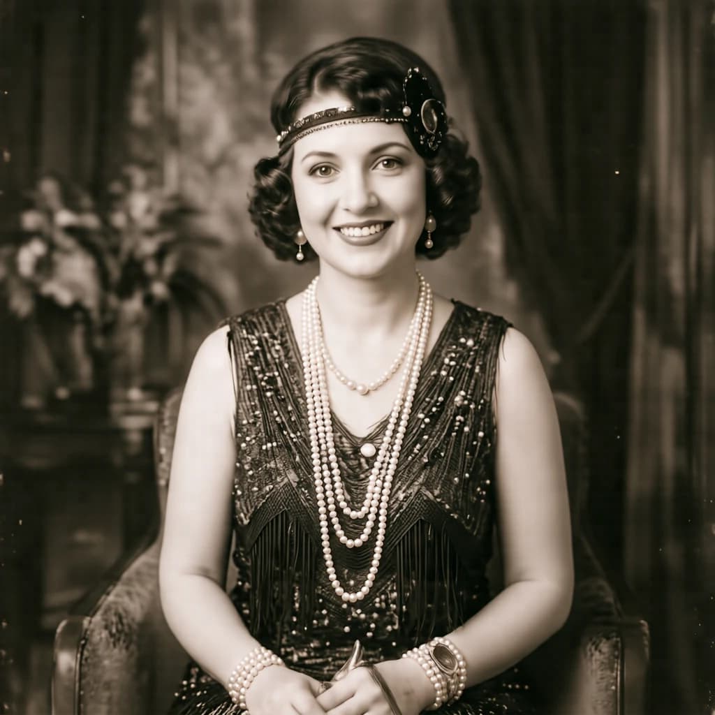 Sepia-toned studio portrait of a flapper with pearl necklace, soft grain.