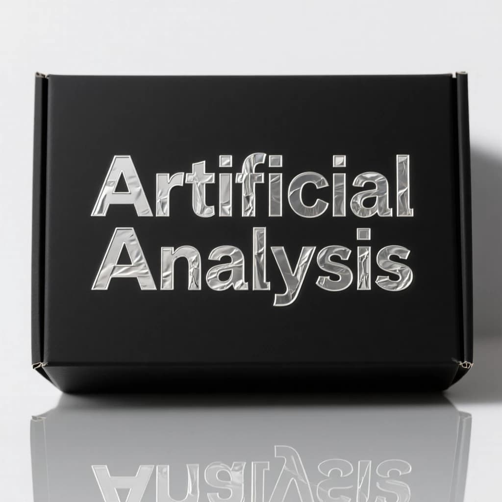 On the black box, silver foil embossing, centered: "Artificial Analysis" in Comic Sans Small Caps, perfectly justified. The letters are crisp, but the “Y” is duplicated faintly, ghosting right. On the box’s reflection, the word order is inverted: ARTIFICIAL ANALYSIS.