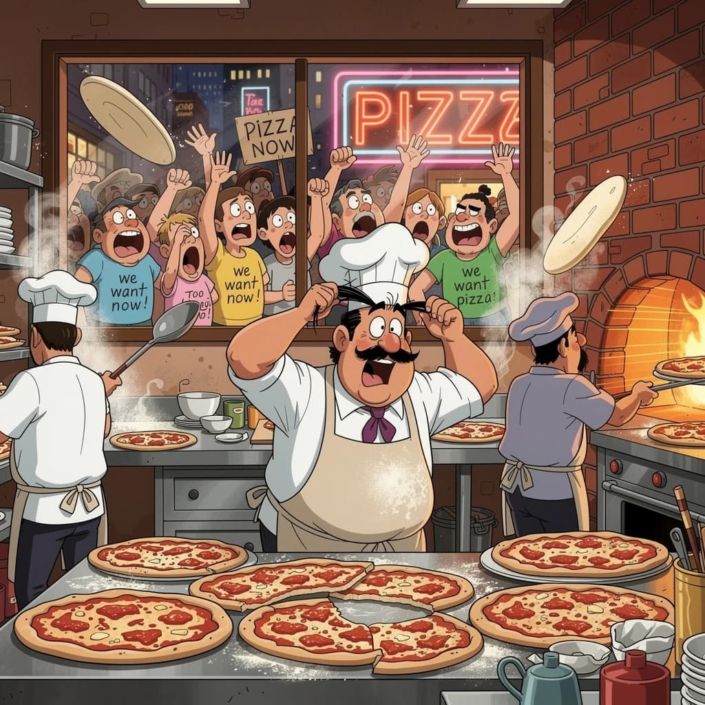 Pasquale is pulling his few remaining hairs out over a disaster at the pizzeria - the cooks are working as fast as they can but the crowds outside are swelling and they demand hot hot pizza! They are banging on the glass and some are wearing "we want pizza" shirts. 1980s western TV animation style.