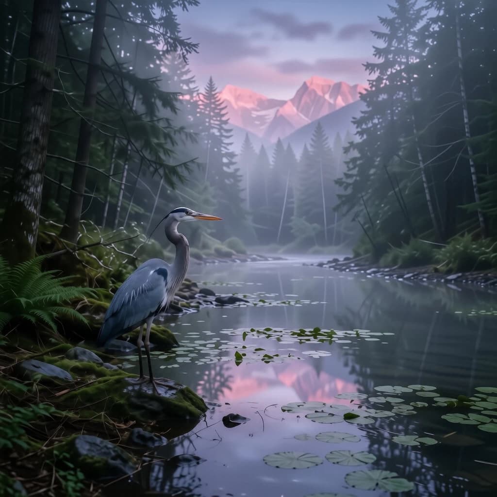 With pre-dawn mist along a cedar forest river and glassy water dotted with lily pads, distant mountains blush pink, and a heron stands still like it forgot what to do next.