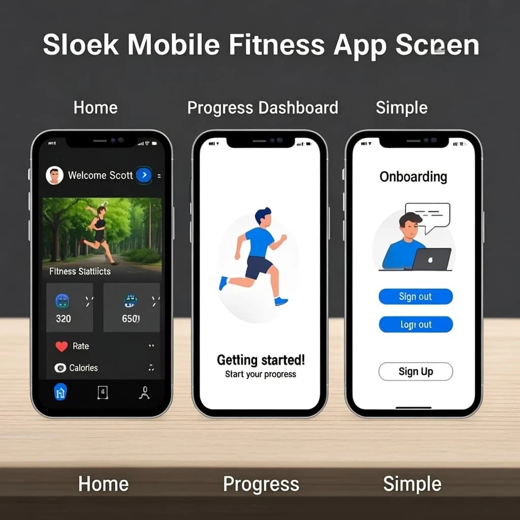 Sleek mobile fitness app screens on a desk: dark mode home, progress dashboard, simple onboarding, clear 8 pt grid, slightly oversized buttons for thumb reach, muted colors.